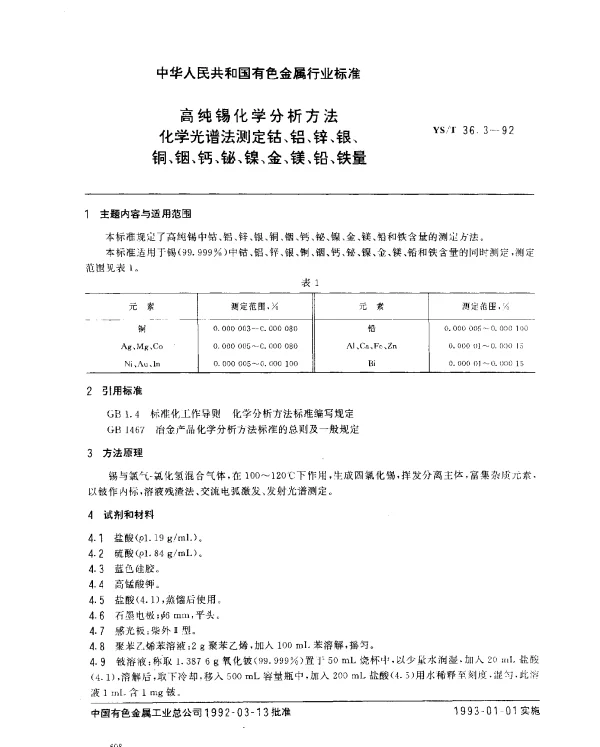 YST 36.3-1992 高纯锡化学分析方法.化学光谱法测定钴、铝、锌、银、铜、铟、钙、铋、镍、金、镁、铅、铁量