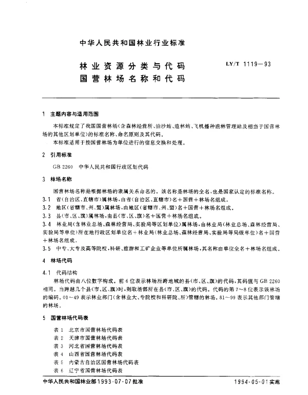 LYT 1119-1993 林业资源分类与代码.国营林场名称和代码