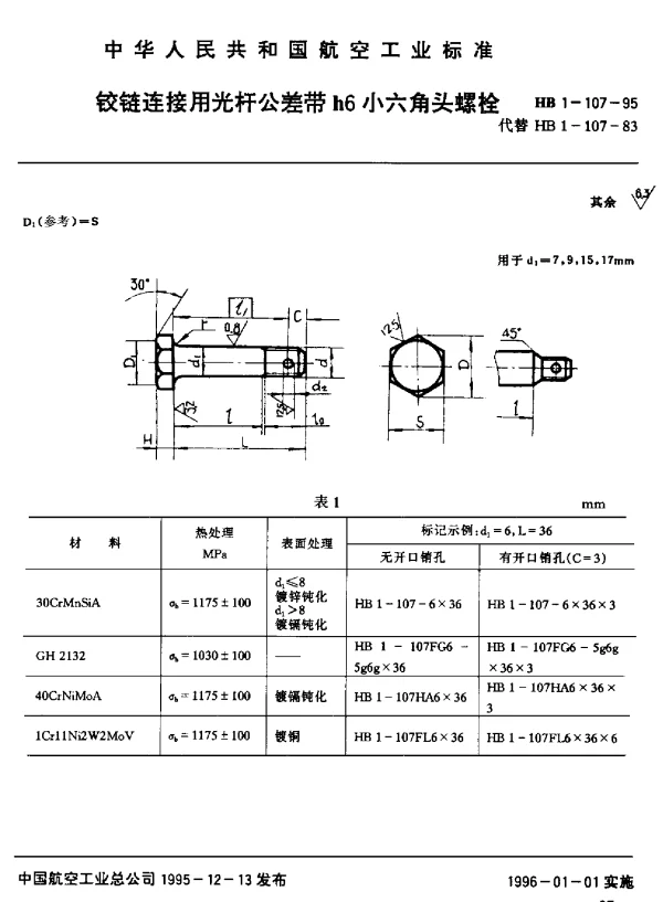 HB 1-107-1995 铰链连接用光杆公差带h6小六角头螺栓