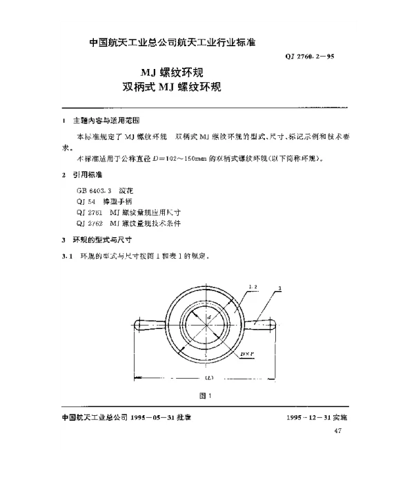QJ 2760.2-1995 MJ螺纹环规 双柄式MJ螺纹环规