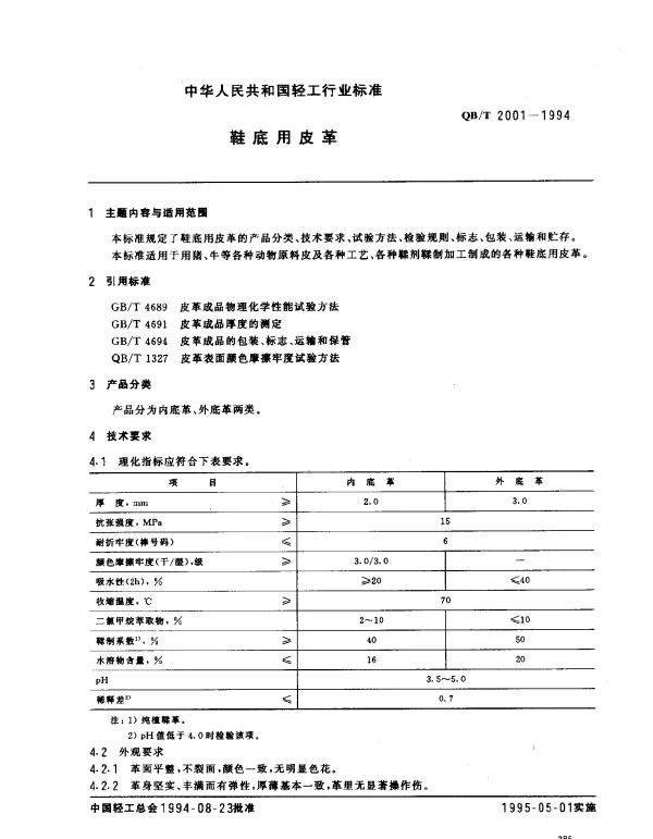 QBT 2001-1994 鞋底用皮革