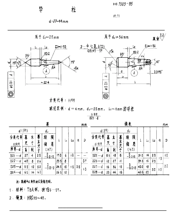 HB 3503-1985 导柱 d=2.7~44mm