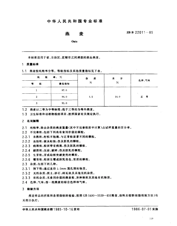 ZB B 22011-1985 燕麦