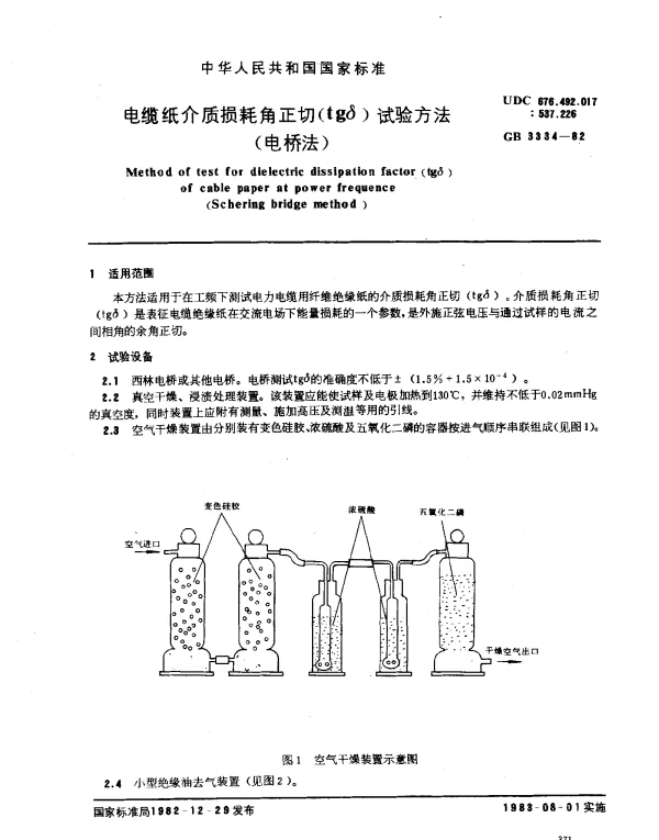 GB 3334-1982 电缆纸介质损耗角正切（tgδ）试验方法（电桥法）