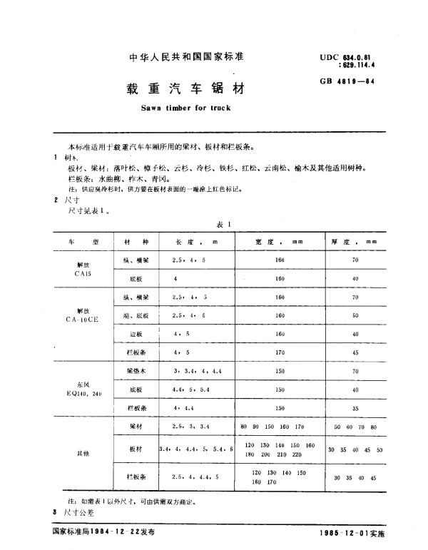 GB 4819-1984 载重汽车锯材