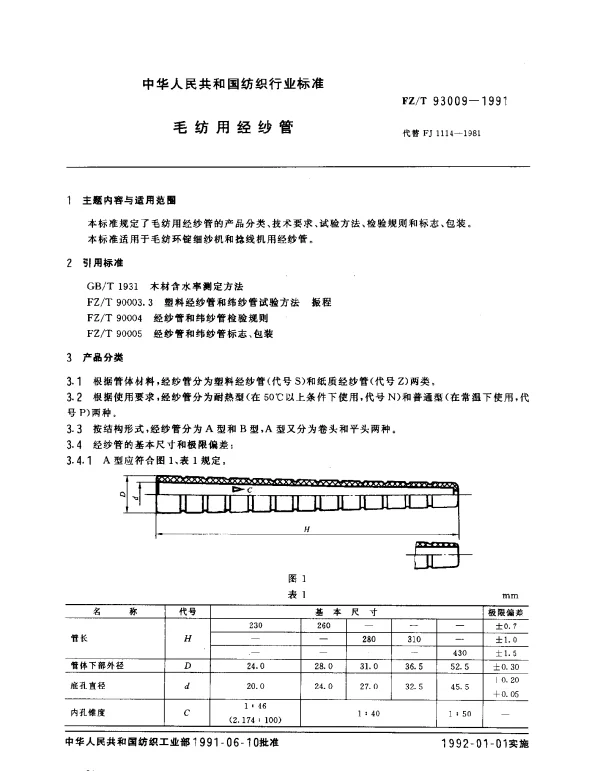 FZT 93009-1991 毛纺用经纱管