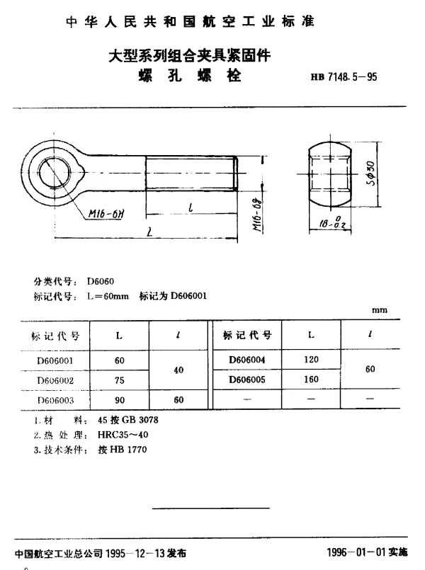 HB 7148.5-1995 大型系列组合夹具紧固件.螺孔螺栓