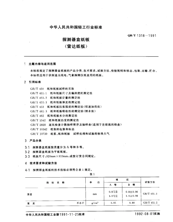 QBT 1318-1991 探测器盒纸板(雷达纸板)
