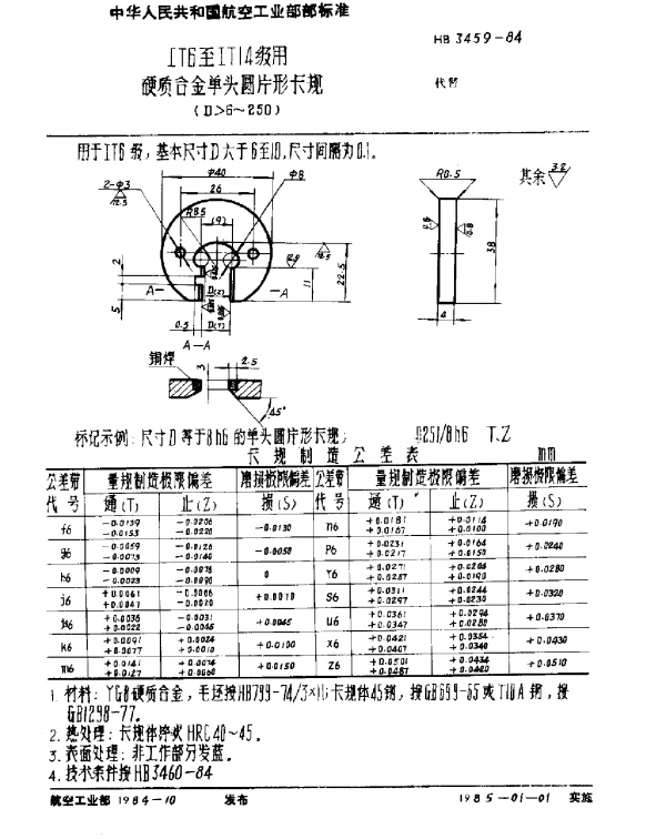 HB 3459-1984 IT6至IT14级用硬质合金单头圆片形卡规(D6~250)