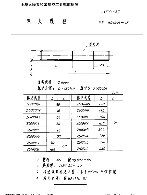 HB 1599-1987 双头螺栓