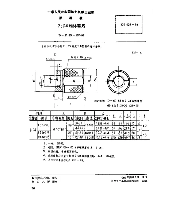 QJ 425-1978 7：24锥体套规(D=31.75~107.95)