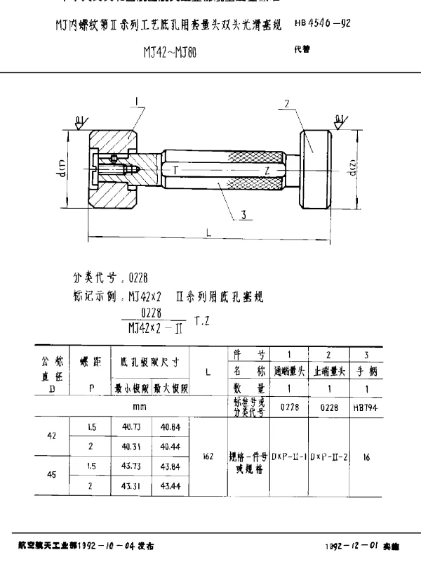 HB 4546-1992 MJ内螺纹第Ⅱ系列工艺底孔用套量头双头光滑塞规 MJ42~MJ80