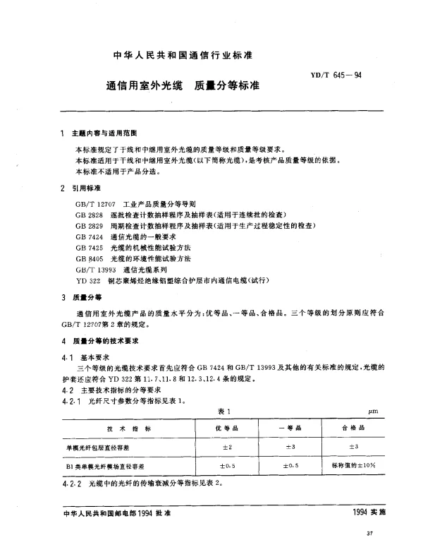 YDT 645-1994 通信用室外光缆.质量分等标准