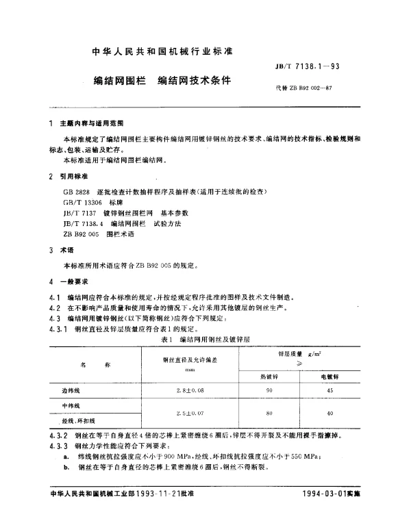 JBT 7138.1-1993 编结网围栏.编结网技术条件