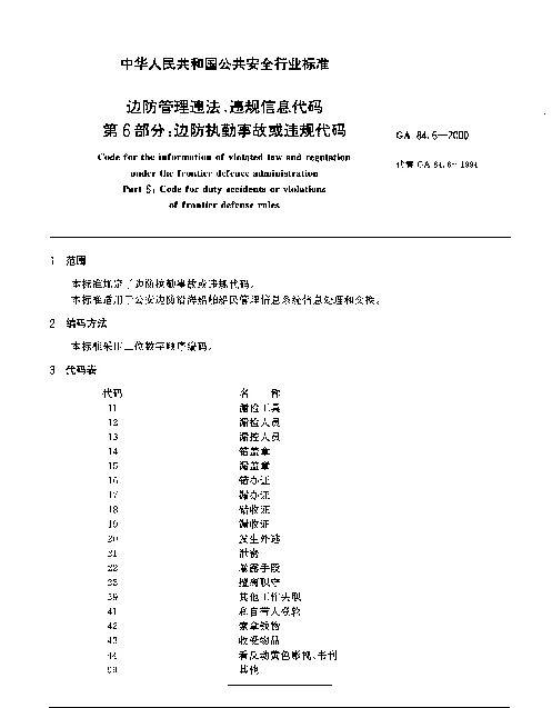 GA 84.6-2000 边防管理违法、违规信息代码.第6部分：边防执勤事故或违规代码