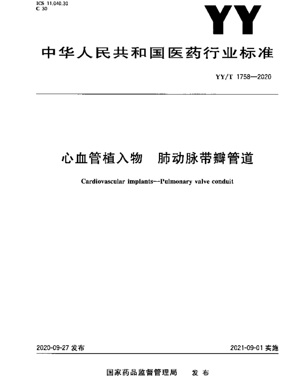 YYT 1758-2020 心血管植入物 肺动脉带瓣管道