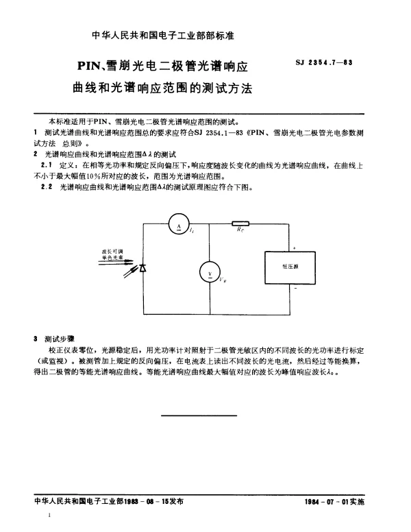 SJ 2354.7-1983 PIN、雪崩光电二极管光谱响应曲线和光谱响应范围的测试方法