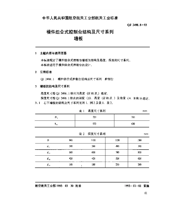 QJ 2498.8-1993 模件组合式控制台结构及尺寸系列 墙板