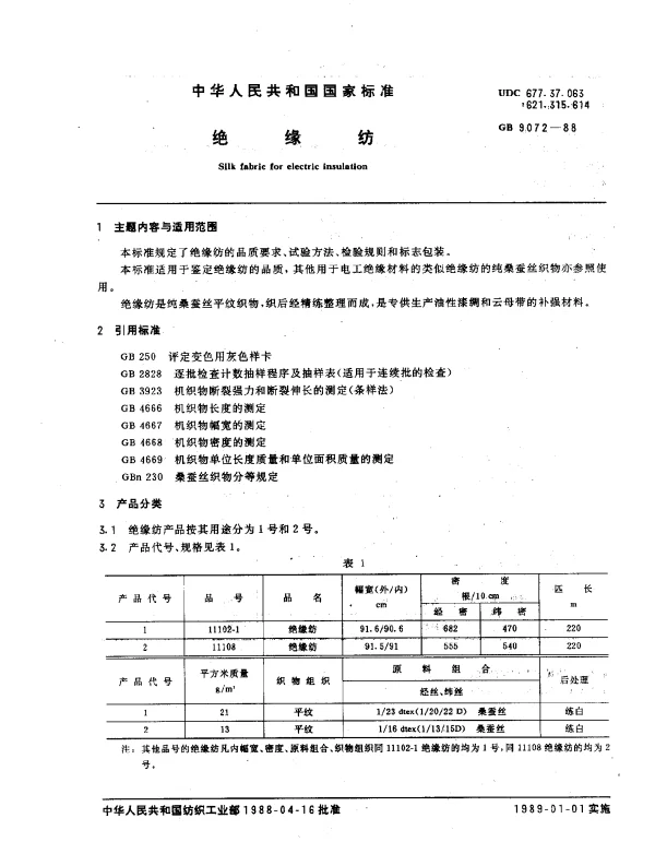 GB 9072-1988 绝缘纺