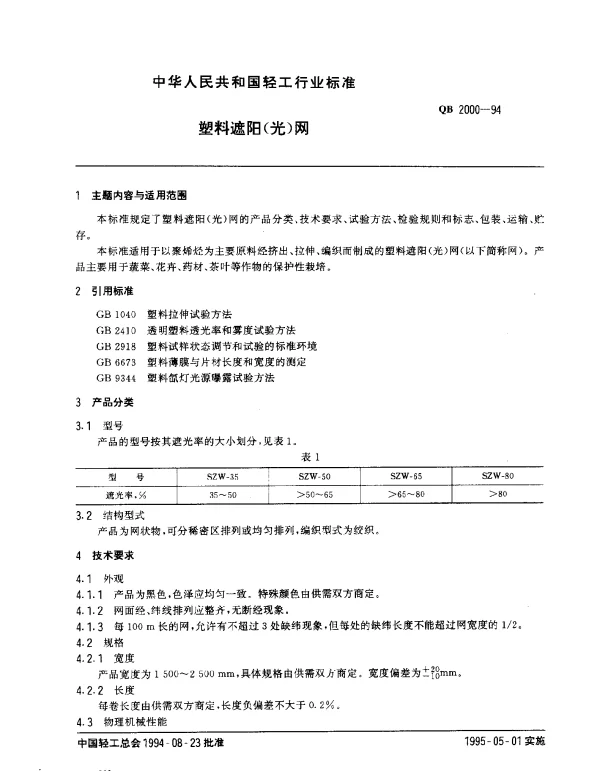 QB 2000-1994 塑料遮阳（光）网