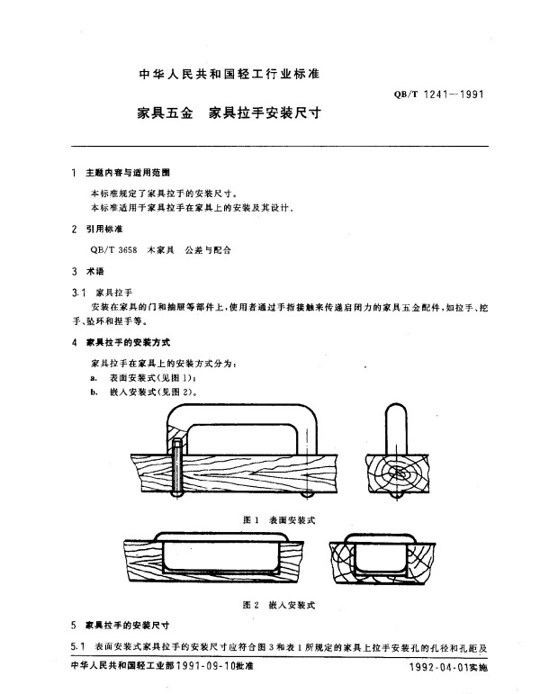 QBT 1241-1991 家具五金.家具拉手安装尺寸