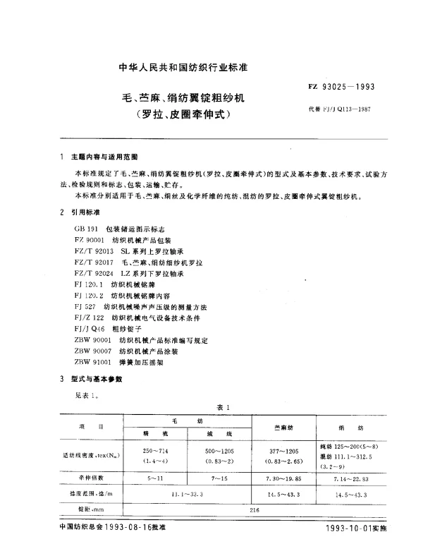 FZT 93025-1993 毛、苎麻、绢纺翼锭粗纱机(罗拉、皮圈牵伸式)