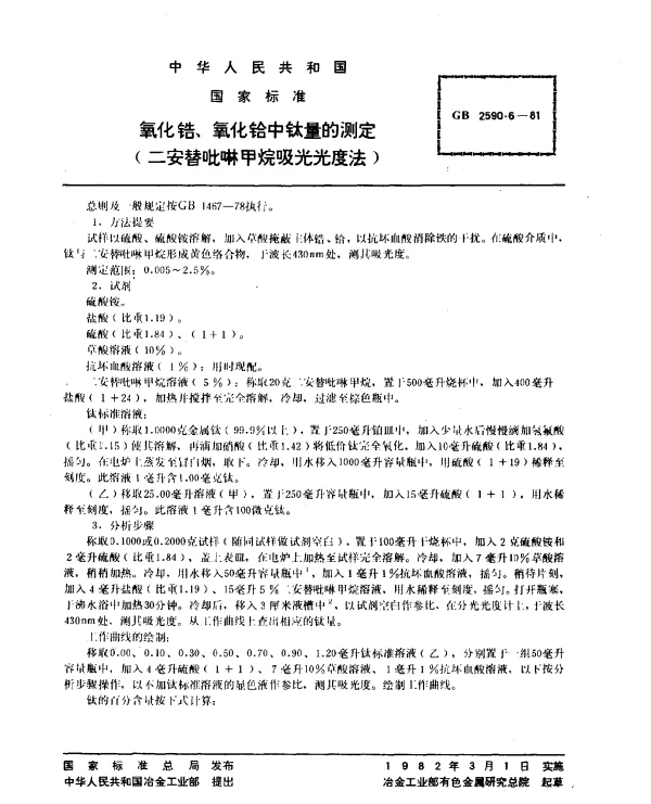 GB 2590.6-1981 氧化锆、氧化铪中钛量的测定（二安替吡啉甲烷吸光光度法）