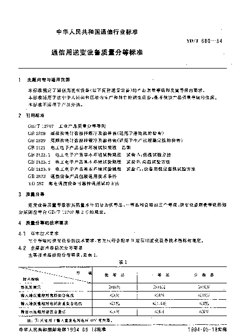 YDT 680-1994 通信用逆变设备质量分等标准