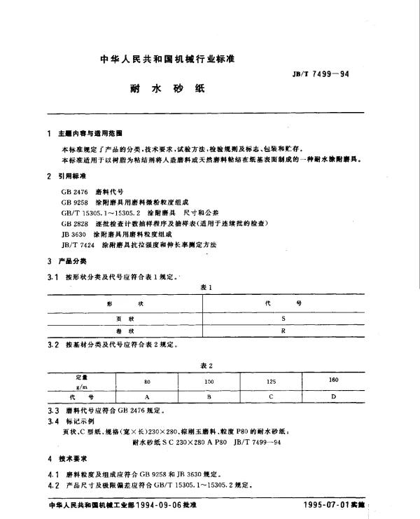 JBT 7499-1994 耐水砂纸