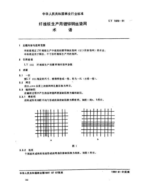 LY 1020-1991 纤维板生产用镀锌钢丝垫网术语