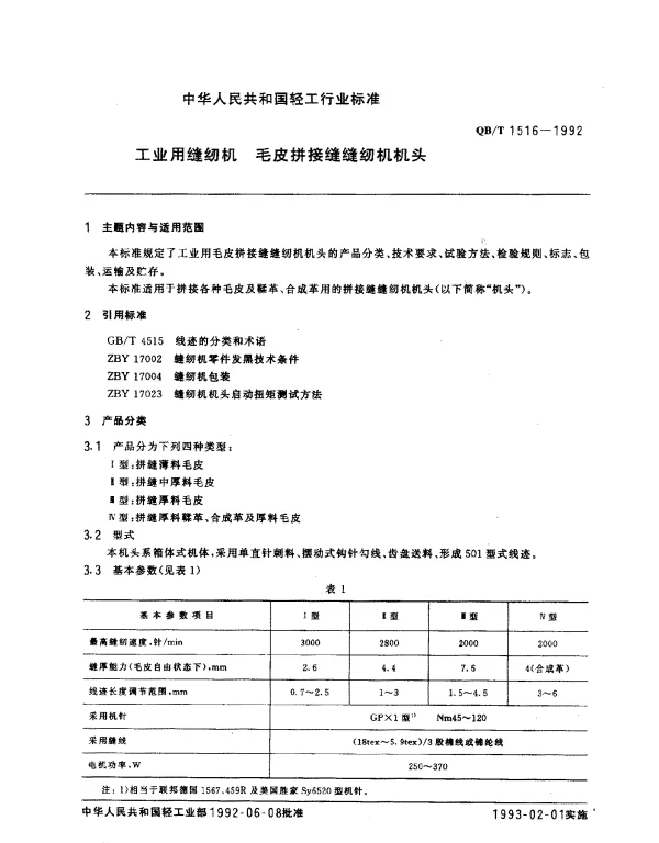 QBT 1516-1992 工业用缝纫机.毛皮拼接缝缝纫机机头