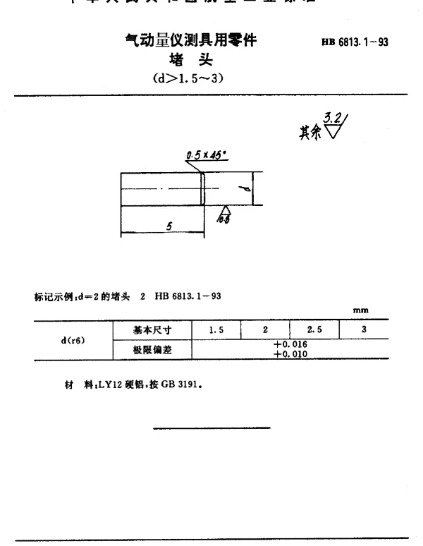 HB 6813.1-1993 气动量仪测具用零件.堵头(d1.5~3)