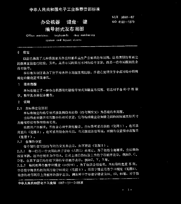 SJZ 9058-1987 办公机器-键盘-键编号制式及布局图