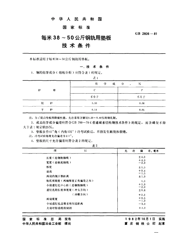 GB 2826-1981 每米38~50公斤钢轨用垫板技术条件