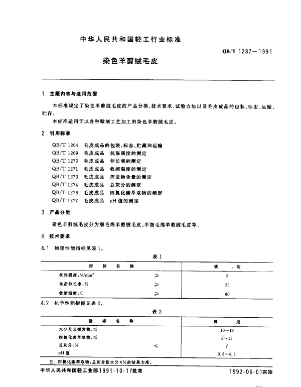 QBT 1287-1991 染色羊剪绒毛皮
