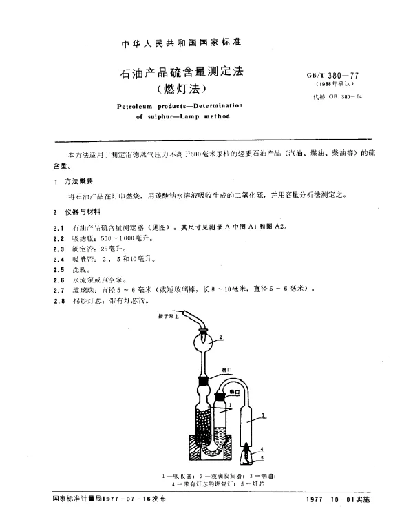 GBT 380-1977(1988) 石油产品硫含量测定法（燃灯法）