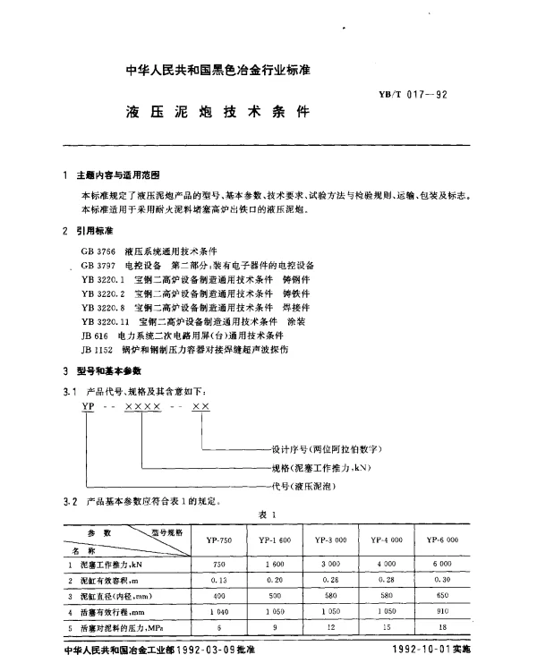 YBT 017-1992 液压泥炮技术条件