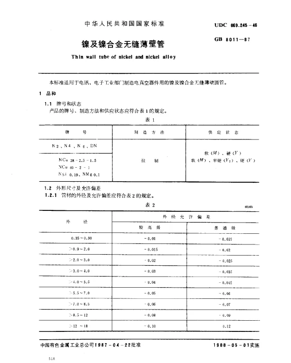 GB 8011-1987 镍及镍合金无缝薄壁管