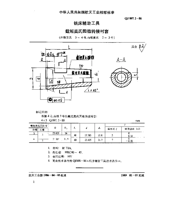 QJ 997.2-1986 铣床辅助工具 截短莫氏圆锥转接衬套(外锥莫氏3~4号 内锥莫氏2~5号)