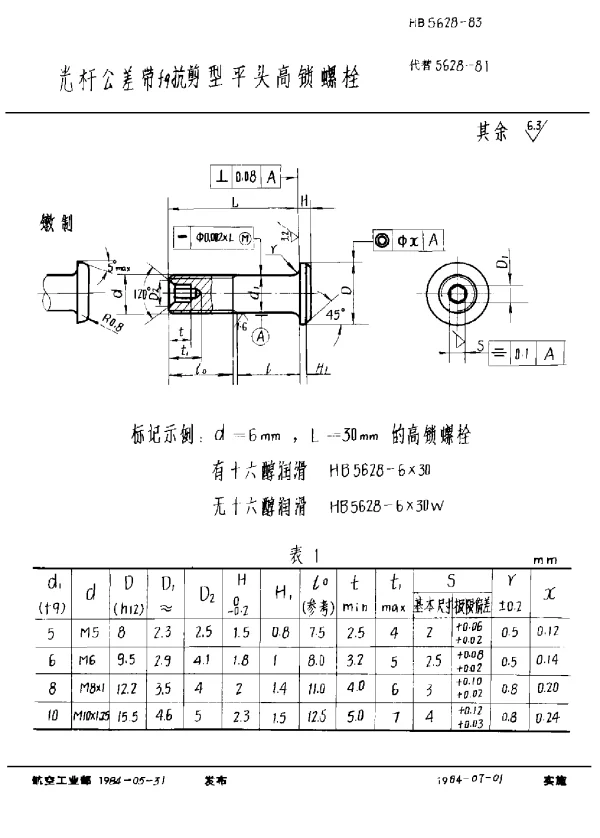 HB 5628-1983 光杆公差带f9抗剪型平头高锁螺栓