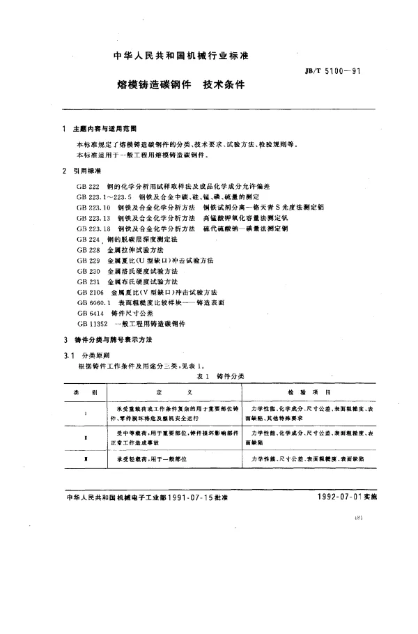 JBT 5100-1991 熔模铸造碳钢件.技术条件