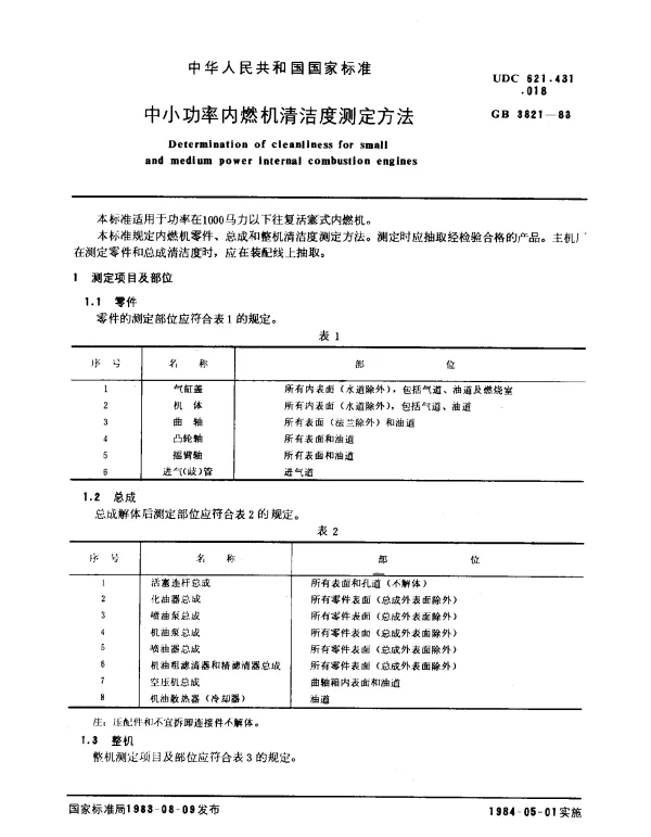 GB 3821-1983 中小功率内燃机清洁度测定方法