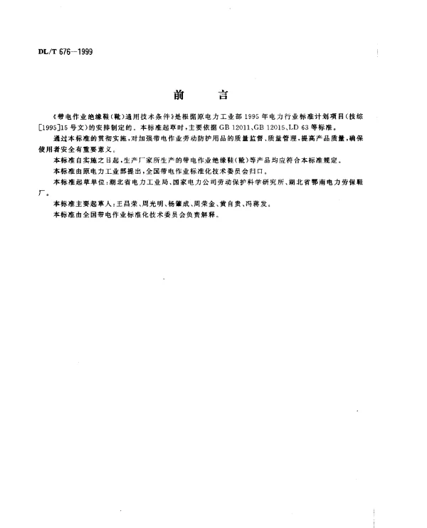 DLT 676-1999 带电作业绝缘鞋(靴)通用技术条件