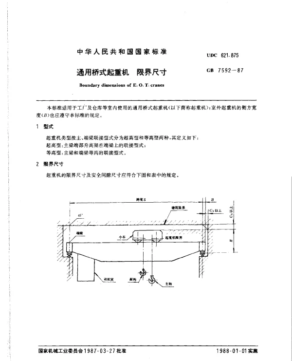 GB 7592-1987 通用桥式起重机 限界尺寸