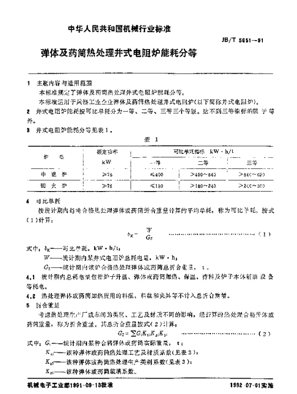 JBT 5651-1991 弹体及药筒热处理井式电阻炉 能耗分等