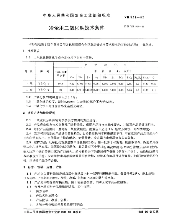 YB 523-1982 冶金用二氧化钛技术条件