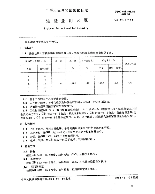 GB 8611-1988 油脂业用大豆