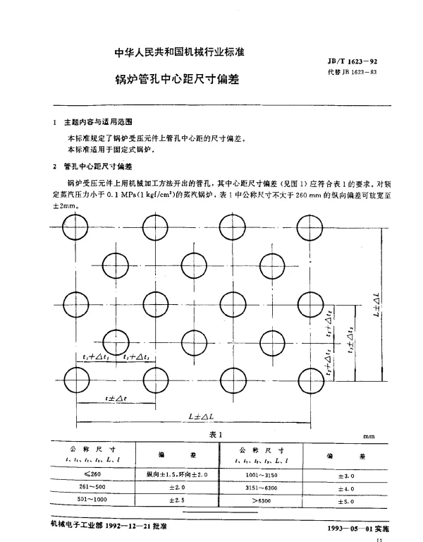JBT 1623-1992 锅炉管孔中心距尺寸偏差