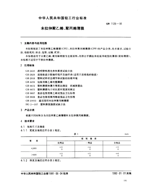 QB 1125-1991 未拉伸聚乙烯、聚丙烯薄膜