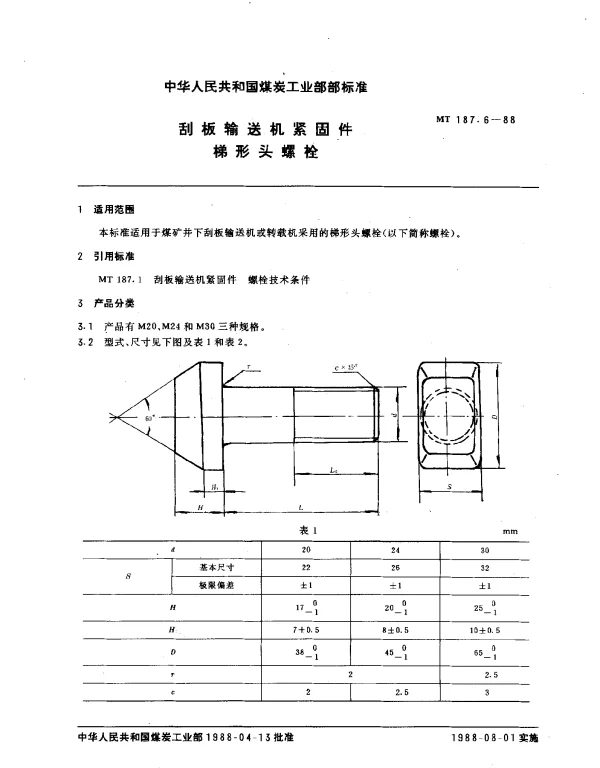 MT 187.6-1988 刮板输送机紧固件 梯形头螺栓